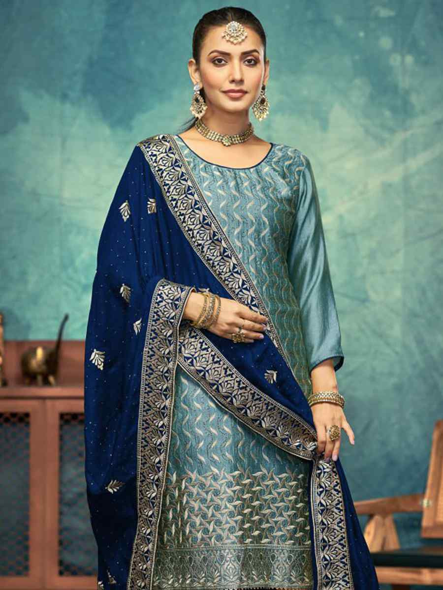 Gray Vichitra Embroidered Festival Wedding Pant Salwar Kameez