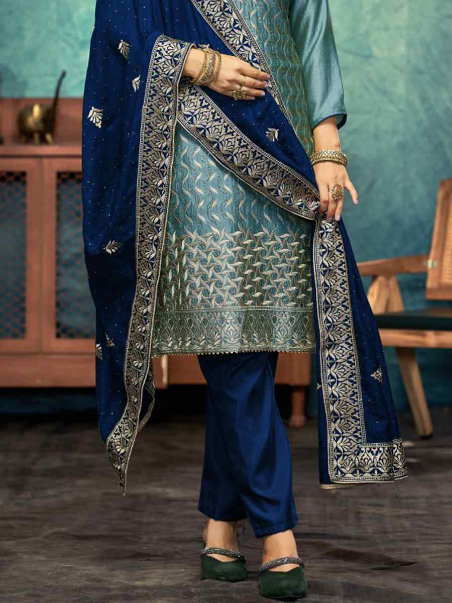 Gray Vichitra Embroidered Festival Wedding Pant Salwar Kameez