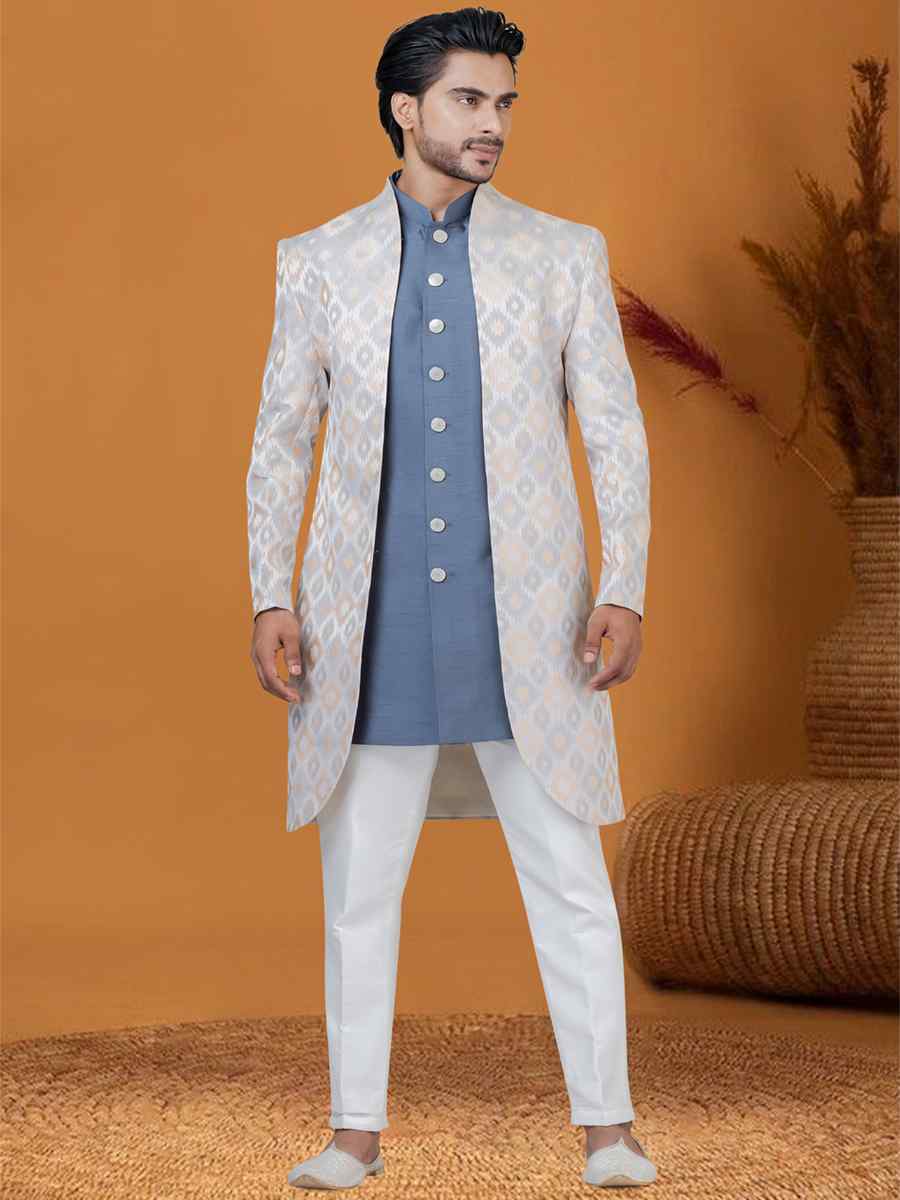 Grayish creame Jacquard Silk Woven Groom Wedding Sherwani