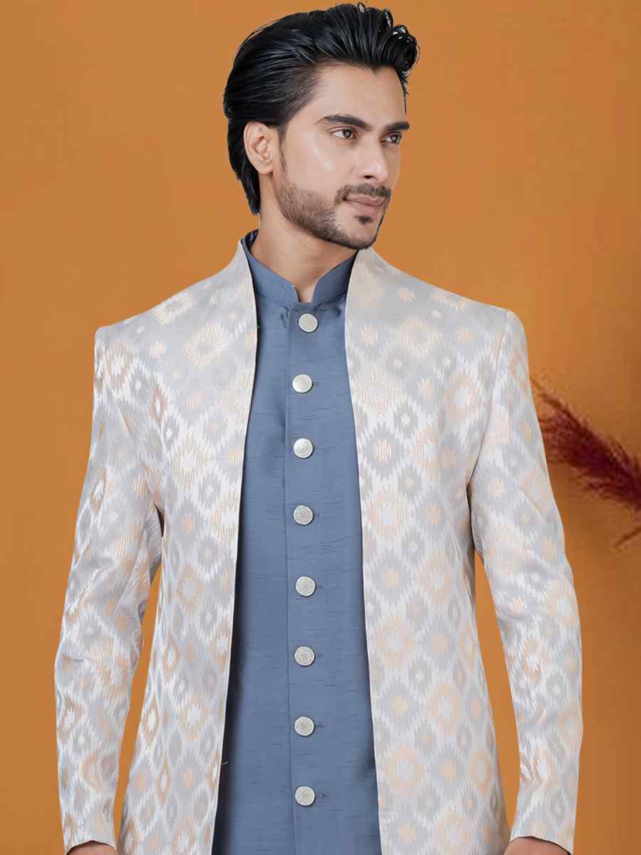 Grayish creame Jacquard Silk Woven Groom Wedding Sherwani