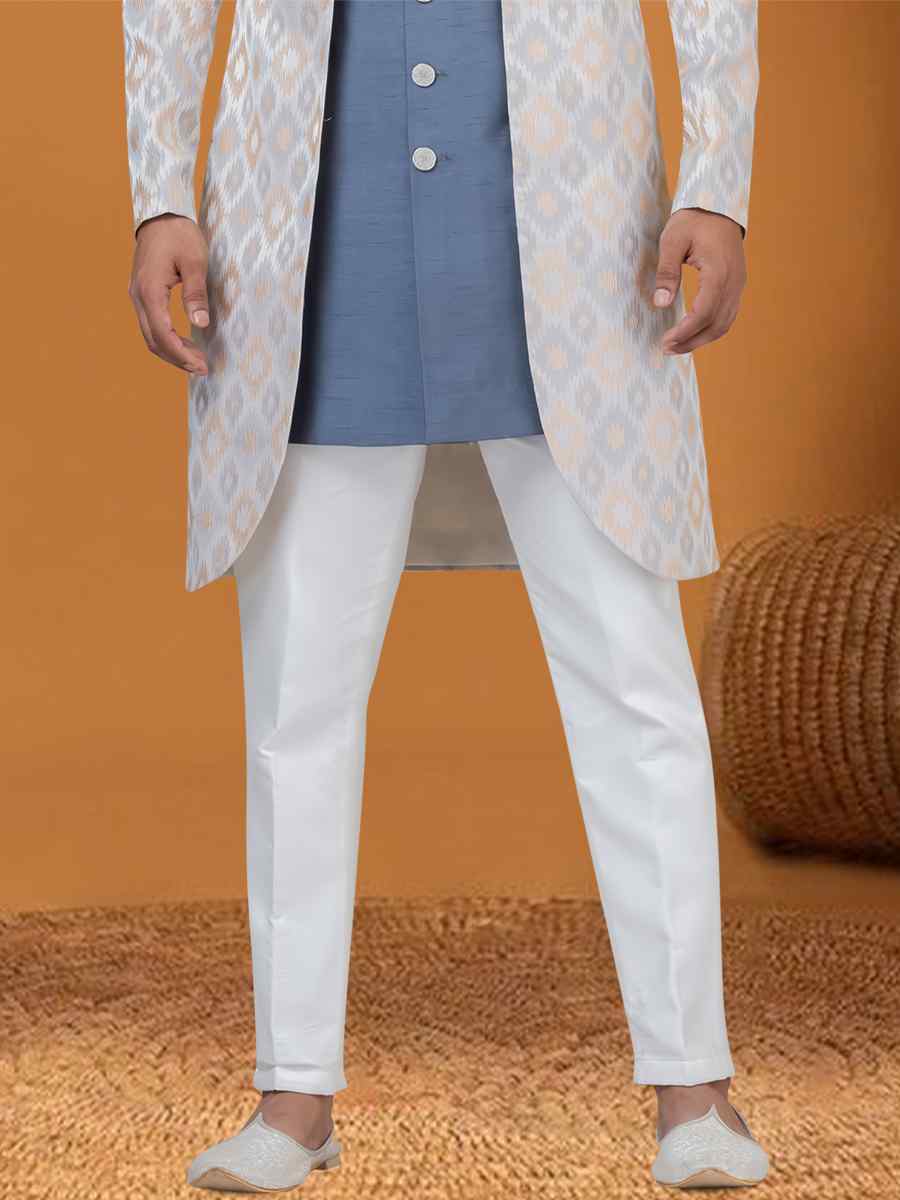 Grayish creame Jacquard Silk Woven Groom Wedding Sherwani