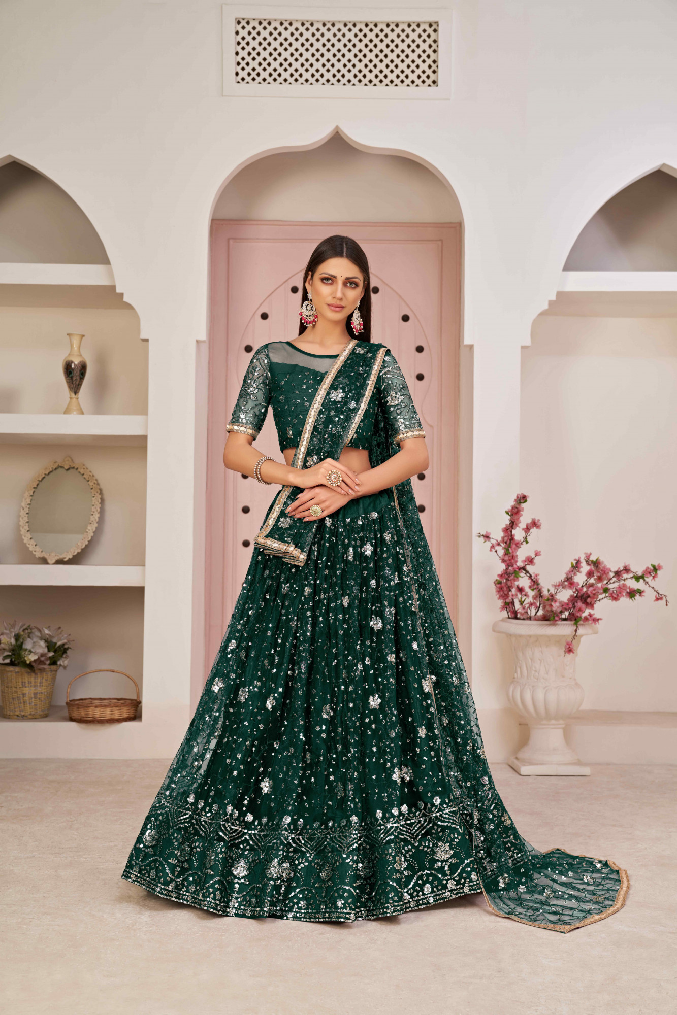 Green Net Embroidered Wedding Reception Festival Heavy Border Lehenga Choli