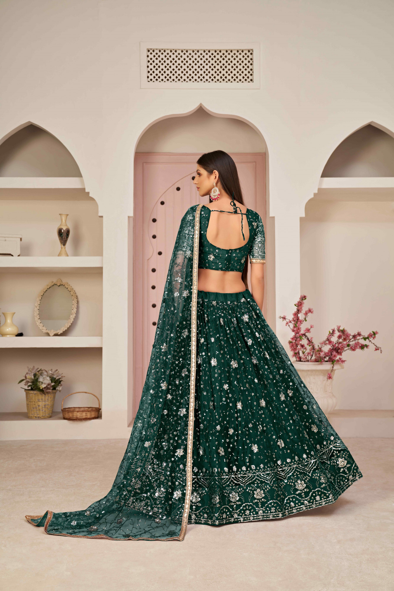 Green  Net Embroidered Wedding Reception Festival Heavy Border Lehenga Choli