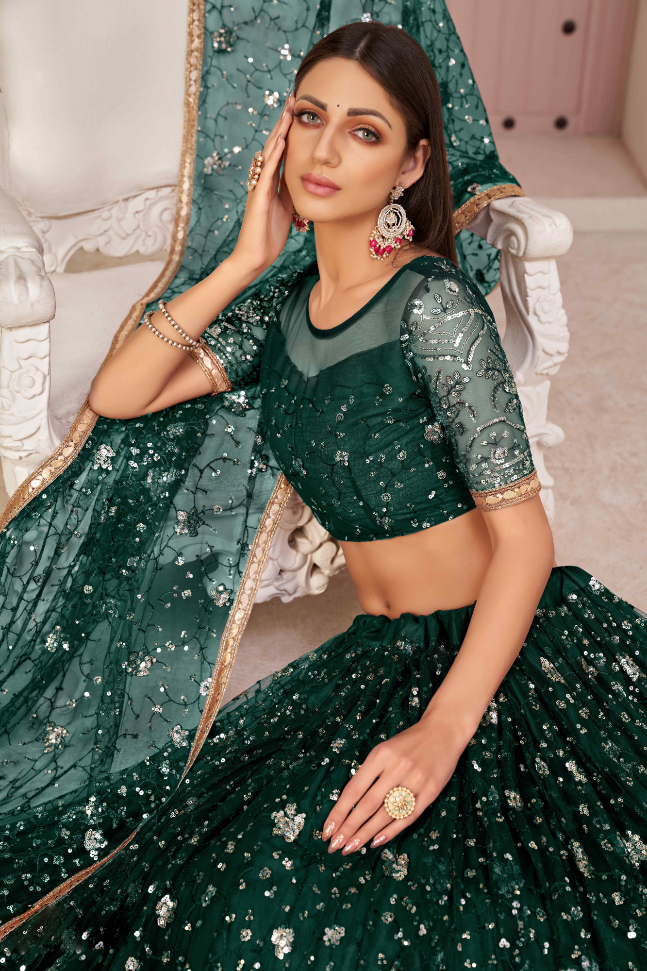 Green  Net Embroidered Wedding Reception Festival Heavy Border Lehenga Choli