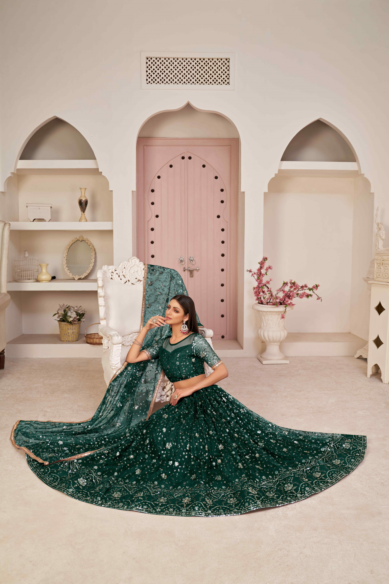 Green Net Embroidered Wedding Reception Festival Heavy Border Lehenga Choli
