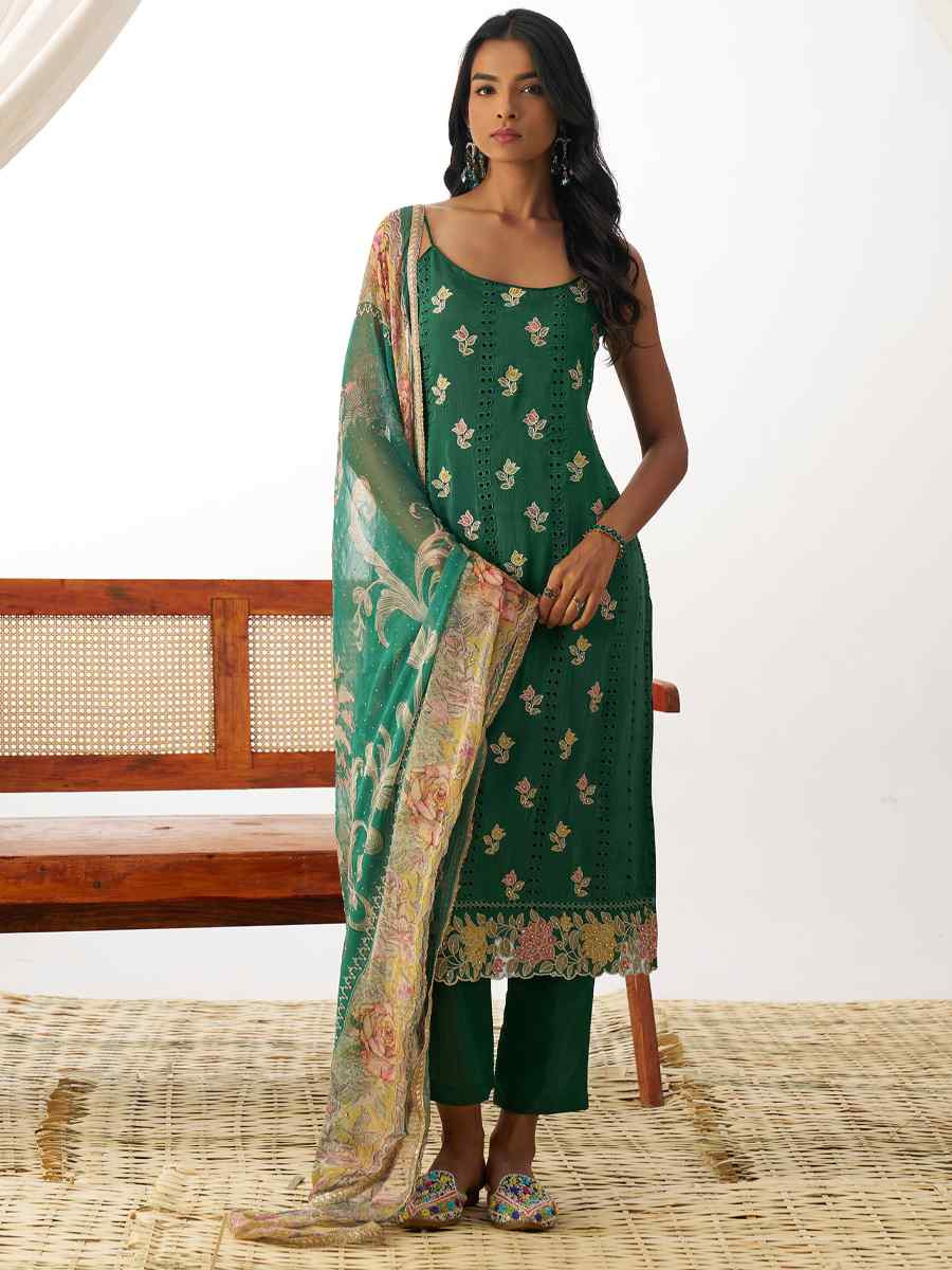 Green  Pure Organza Embroidered Festival Casual Ready Pant Salwar Kameez