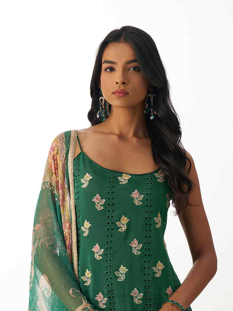 Green  Pure Organza Embroidered Festival Casual Ready Pant Salwar Kameez