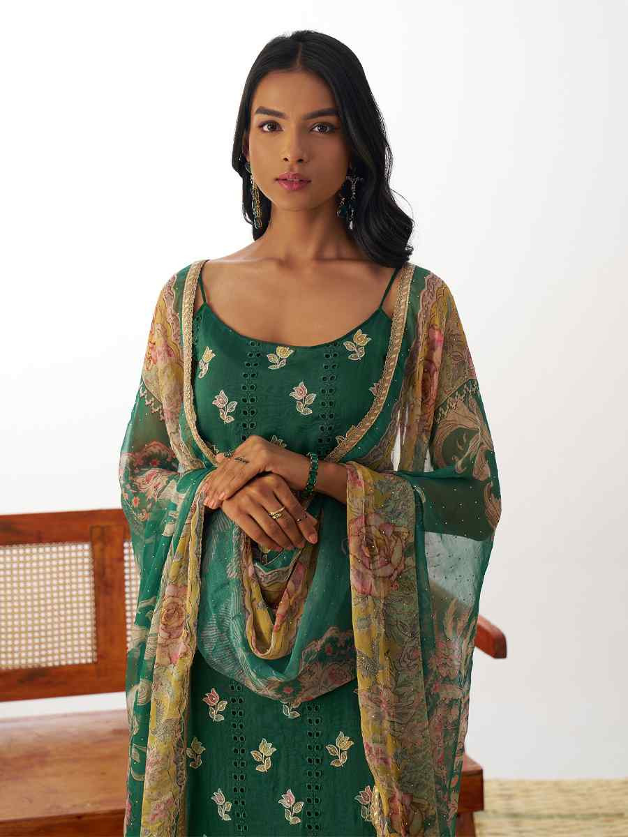 Green  Pure Organza Embroidered Festival Casual Ready Pant Salwar Kameez