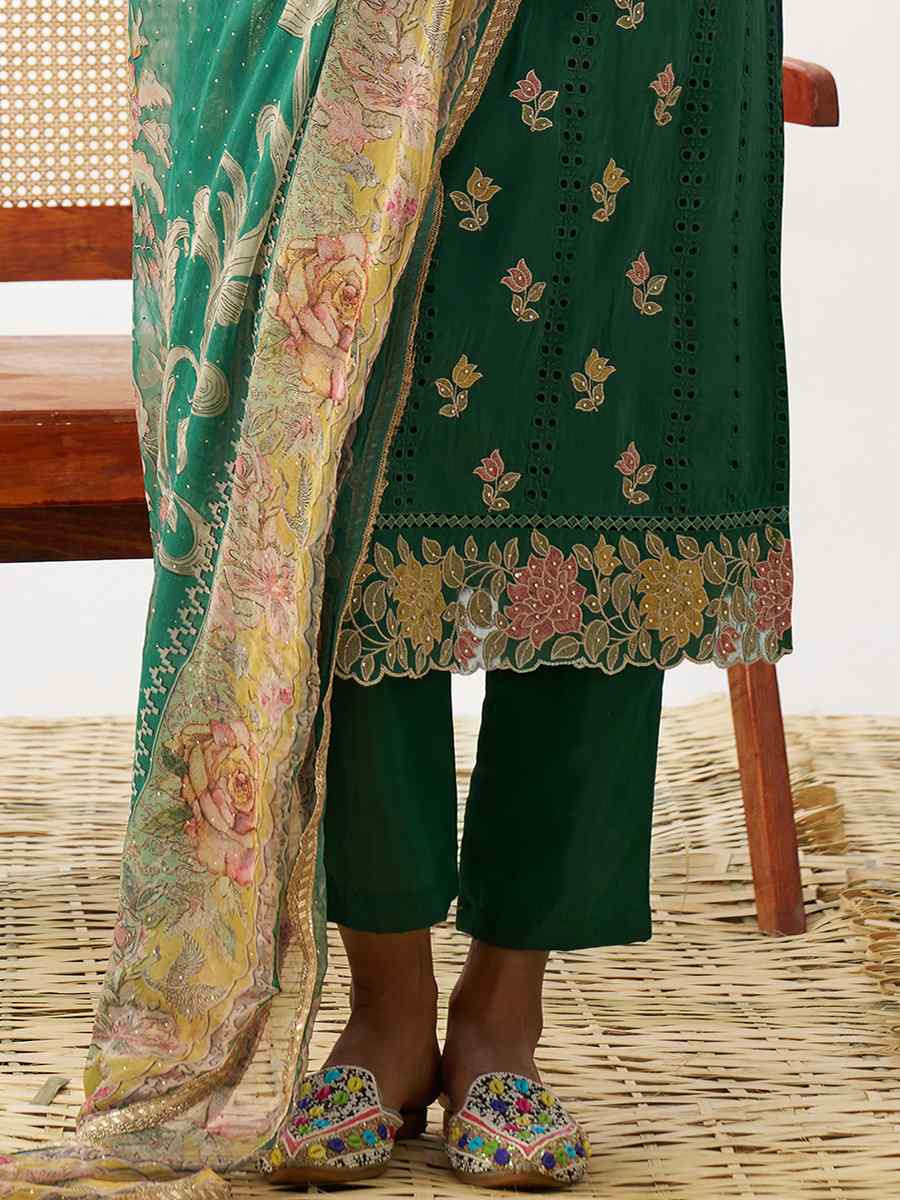Green  Pure Organza Embroidered Festival Casual Ready Pant Salwar Kameez