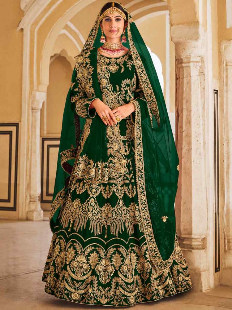 Green 9000 Heavy Velvet Embroidered Bridal Wedding A-Line Lehenga Choli