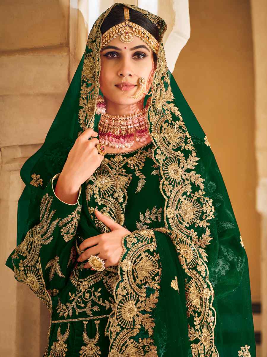 Green 9000 Heavy Velvet Embroidered Bridal Wedding A-Line Lehenga Choli