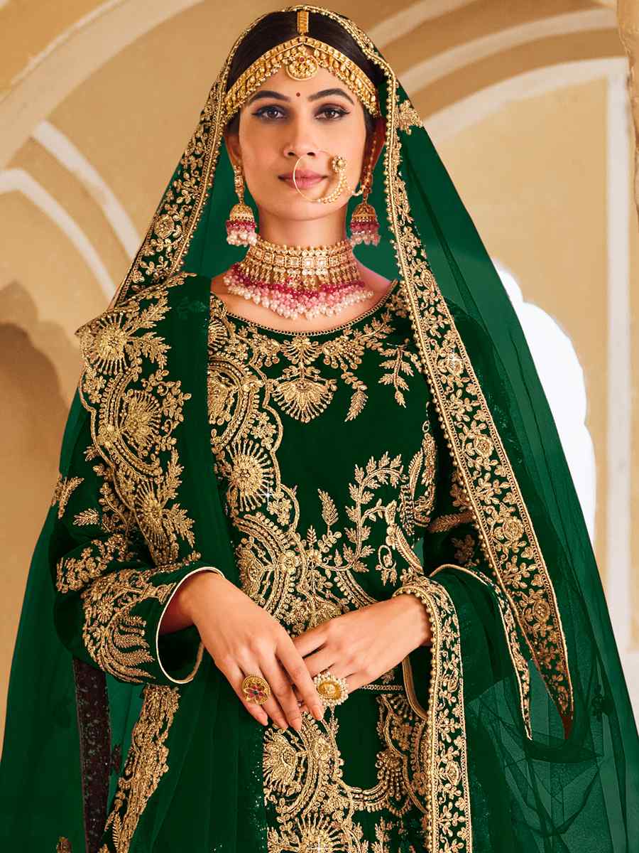 Green 9000 Heavy Velvet Embroidered Bridal Wedding A-Line Lehenga Choli