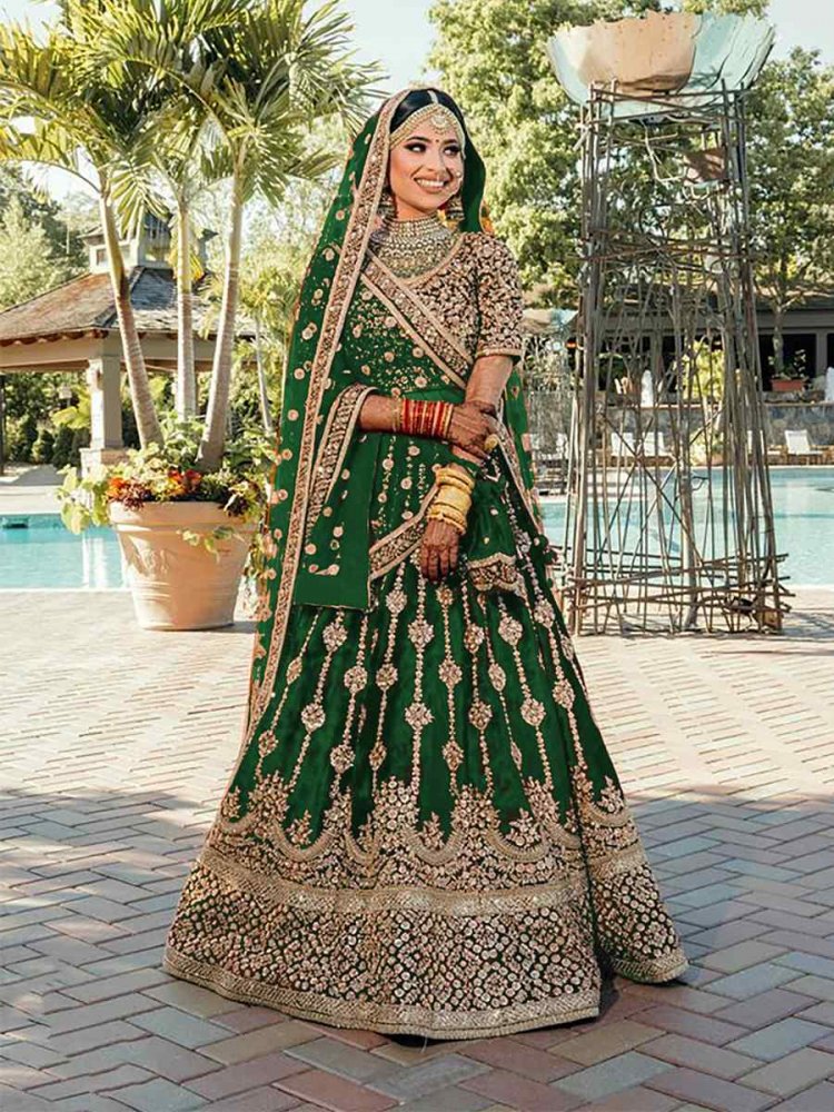 Green 9000 Markable Velvet Embroidered Bridal Heavy Border Lehenga Choli