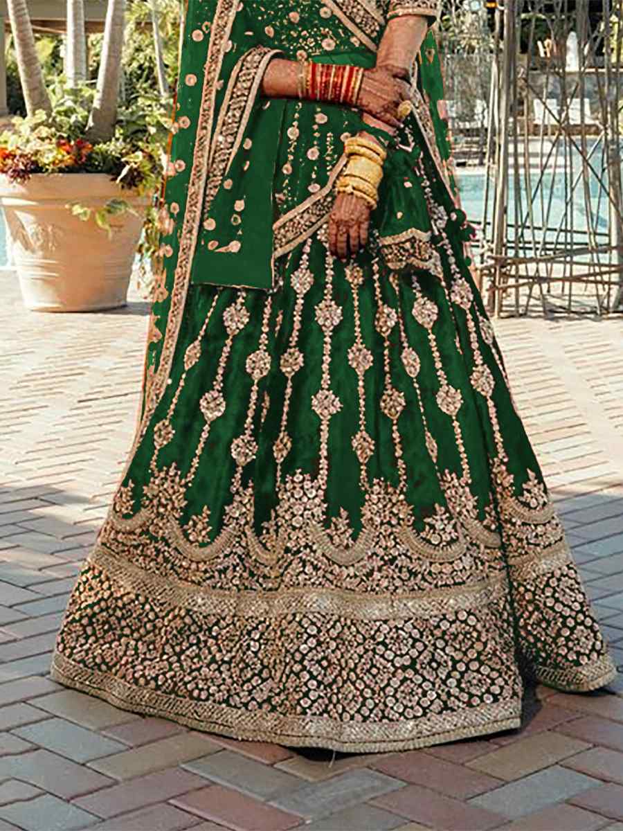 Green 9000 Markable Velvet Embroidered Bridal Heavy Border Lehenga Choli