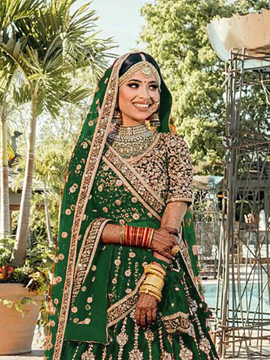 Green 9000 Markable Velvet Embroidered Bridal Heavy Border Lehenga Choli