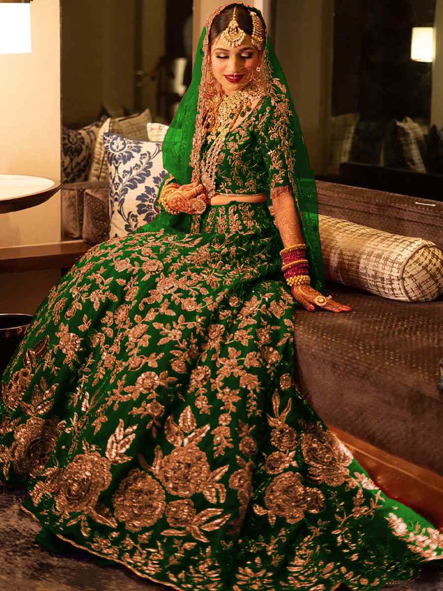 Green 9000 Velvet Embroidered Bridal Wedding Heavy Border Lehenga Choli