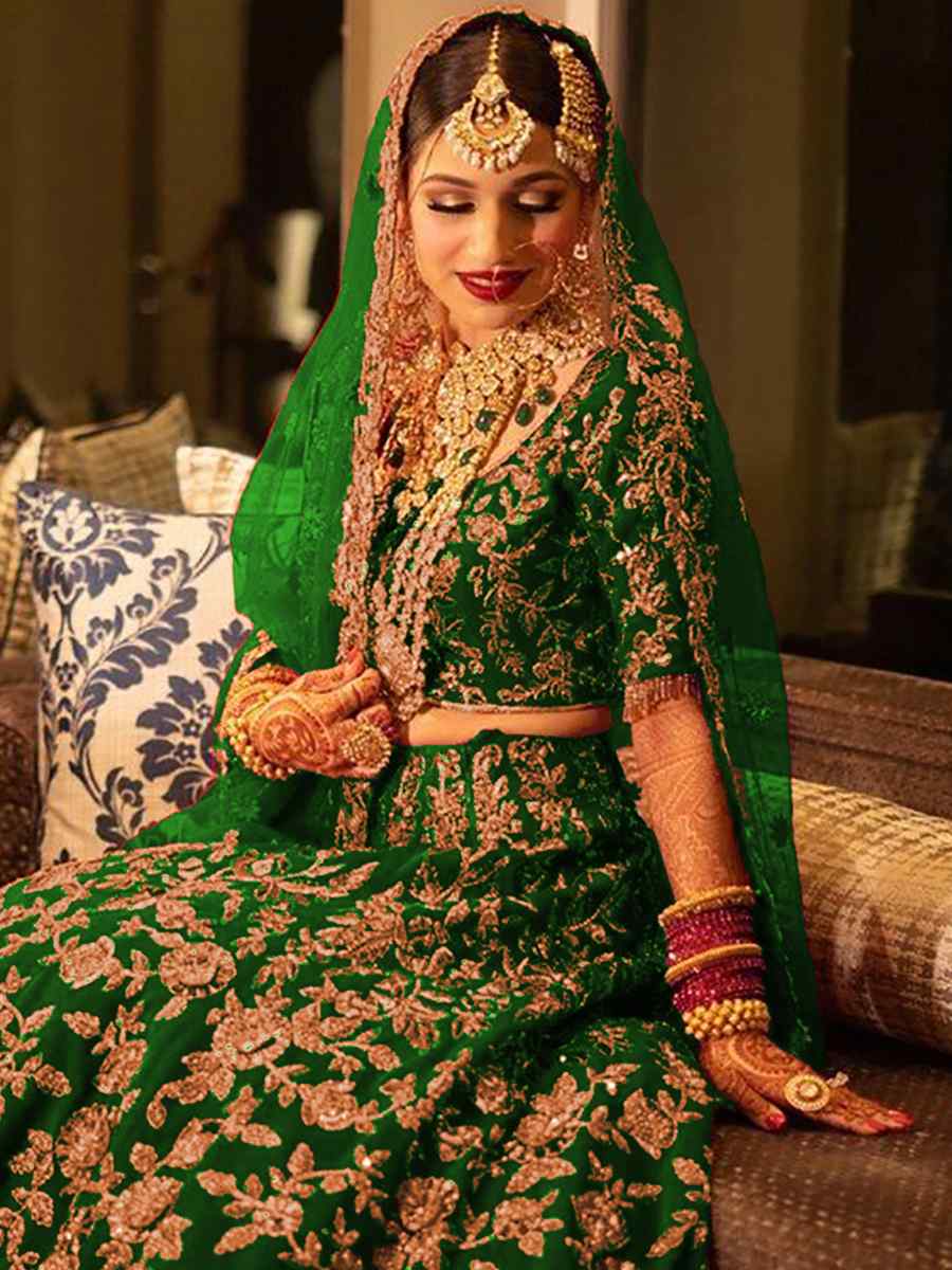 Green 9000 Velvet Embroidered Bridal Wedding Heavy Border Lehenga Choli