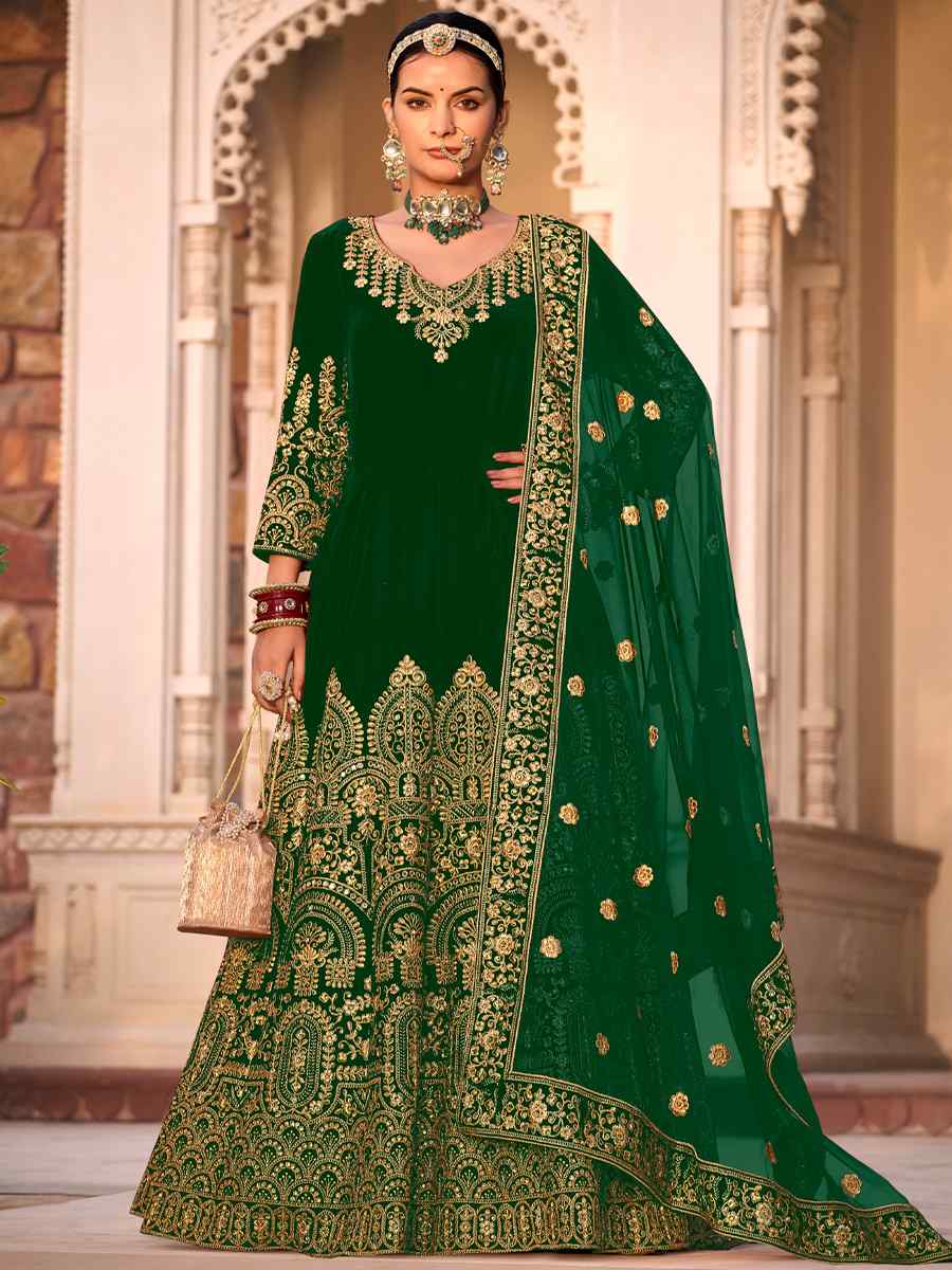Green 9000 Velvet Embroidered Engagement Wedding Anarkali Salwar Kameez