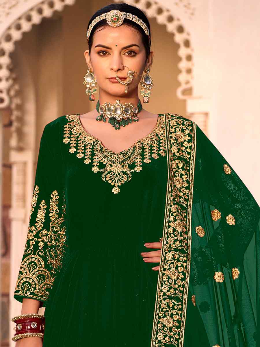 Green 9000 Velvet Embroidered Engagement Wedding Anarkali Salwar Kameez