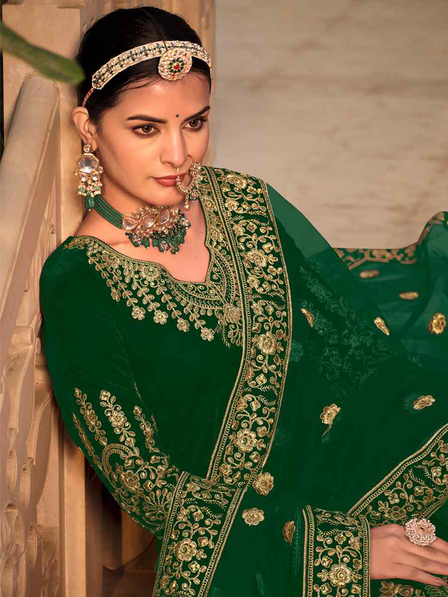 Green 9000 Velvet Embroidered Engagement Wedding Anarkali Salwar Kameez