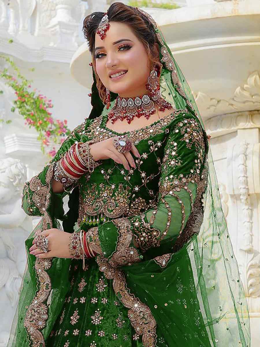 Green 9000 Velvet Embroidered Engagement Wedding Anarkali Salwar Kameez