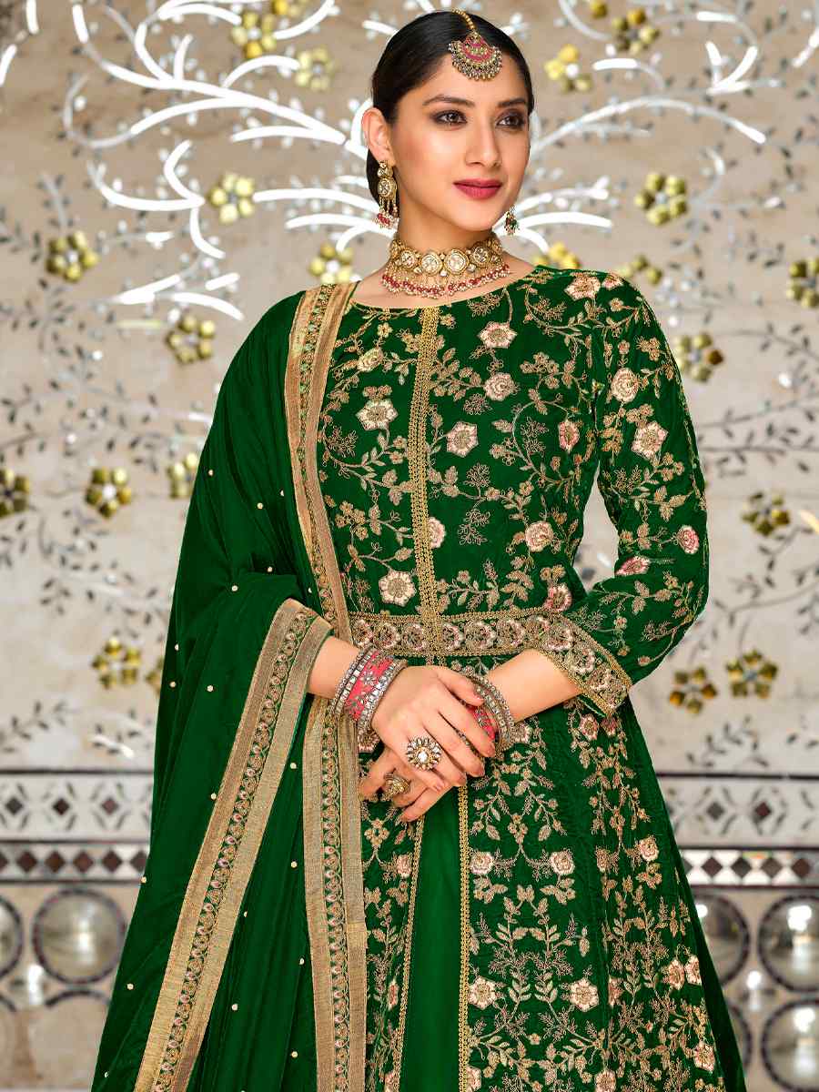 Green 9000 Velvet Embroidered Engagement Wedding Anarkali Salwar Kameez
