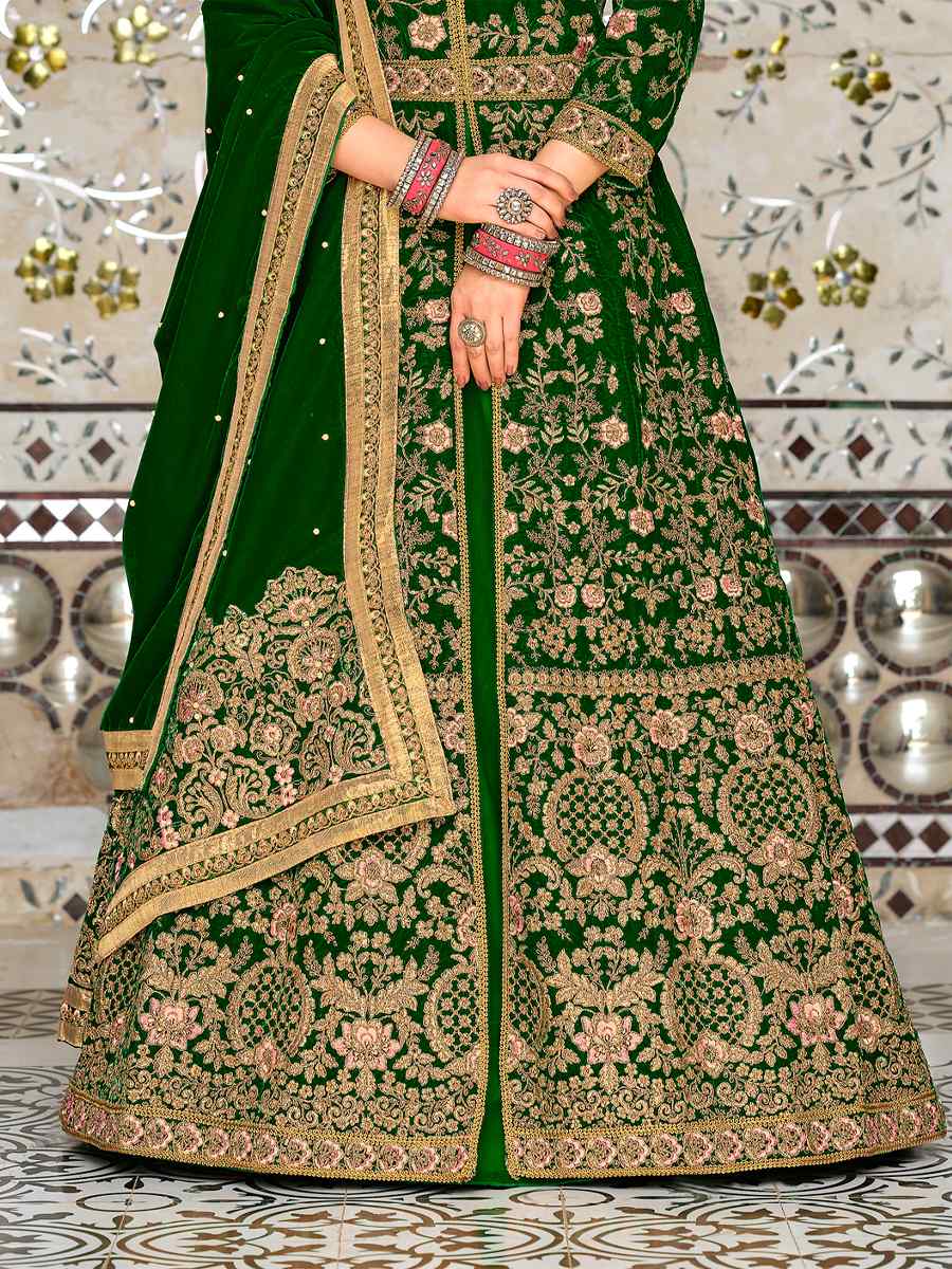 Green 9000 Velvet Embroidered Engagement Wedding Anarkali Salwar Kameez