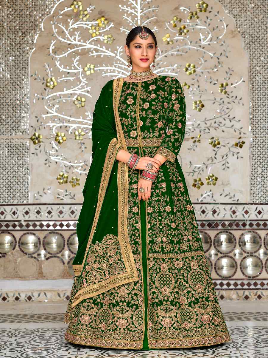 Green 9000 Velvet Embroidered Engagement Wedding Anarkali Salwar Kameez