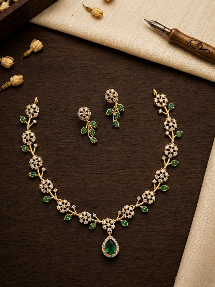 Image of Green A.D. Stone Diamond Festival Party Wedding Necklace Set With Earring