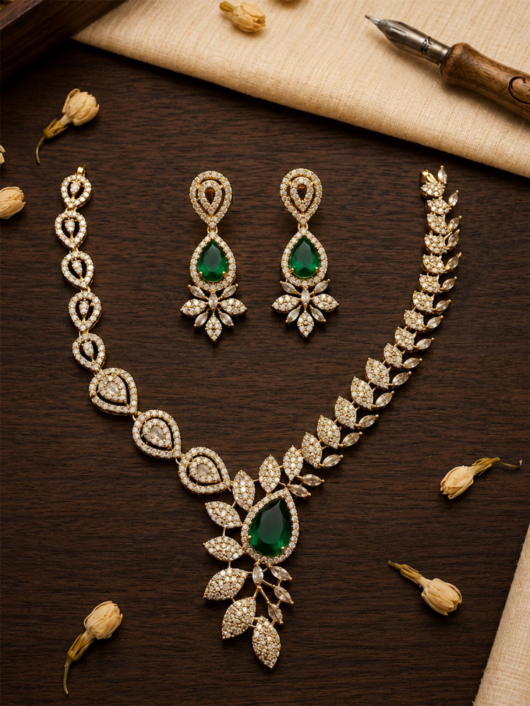 Image of Green A.D. Stone Diamond Gemstone Festival Party Wedding Floral &amp; Leaf Design Necklace Set With Earrings