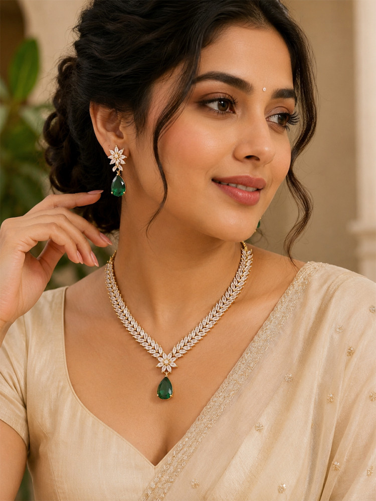 Image of Green A.D. Stone Gemstone Festival Party Wedding Necklace Set With Earrings