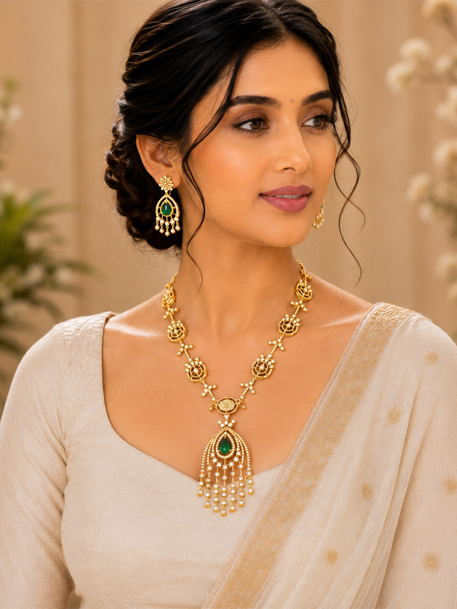 Green AD Stone Gemstone Festival Party Wedding Necklace Set With Earrings