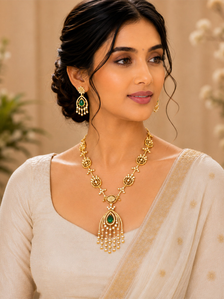 Image of Green A.D. Stone Gemstone Festival Party Wedding Necklace Set With Earrings