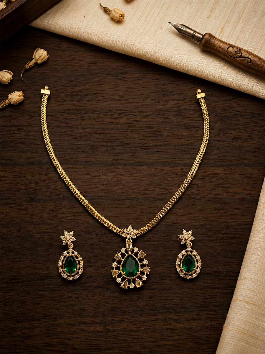 Green AD Stone Gemstone Festival Party Wedding Necklace Set With Earrings