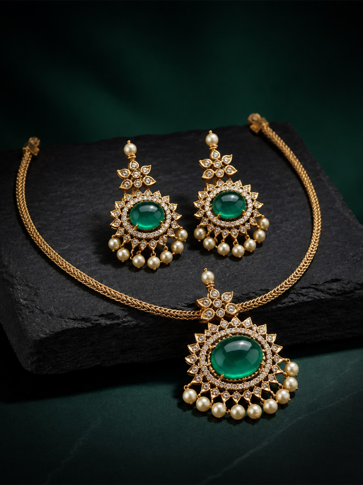 Image of Green A.D. Stone Gemstone Pearls Festival Party Wedding Necklace Set With Earrings