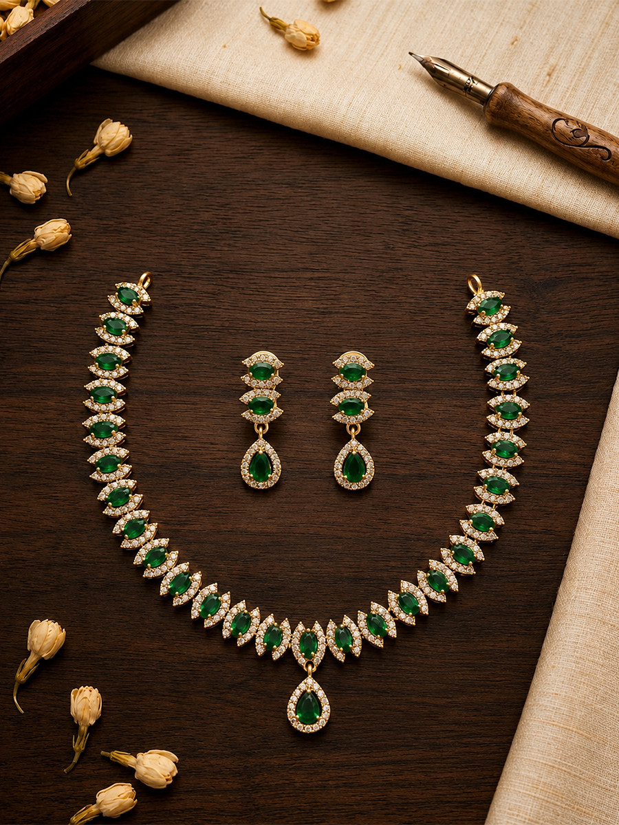 Green AD Stone Gemstone Stone Festival Party Wedding Necklace Set With Earrings