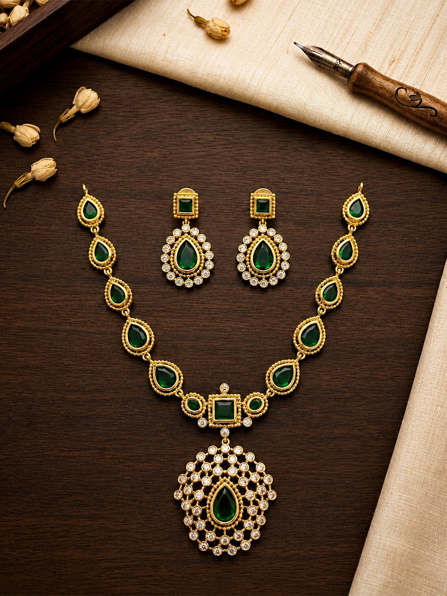 Green AD Stone Gemstone Stone Festival Party Wedding Necklace Set With Earrings