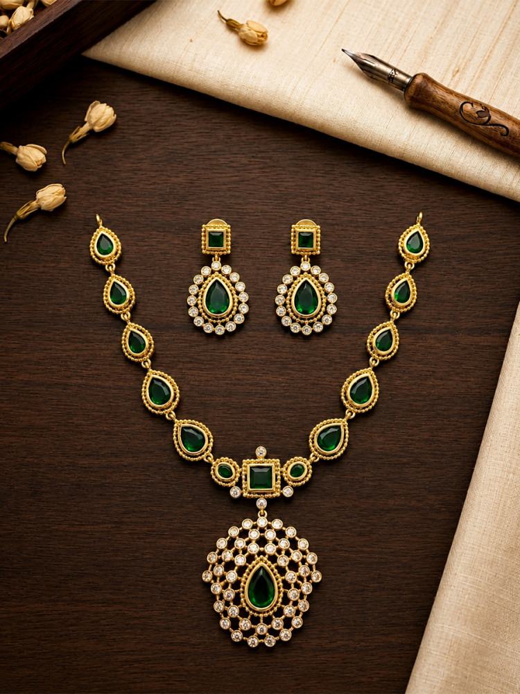 Image of Green A.D. Stone Gemstone Stone Festival Party Wedding Necklace Set With Earrings