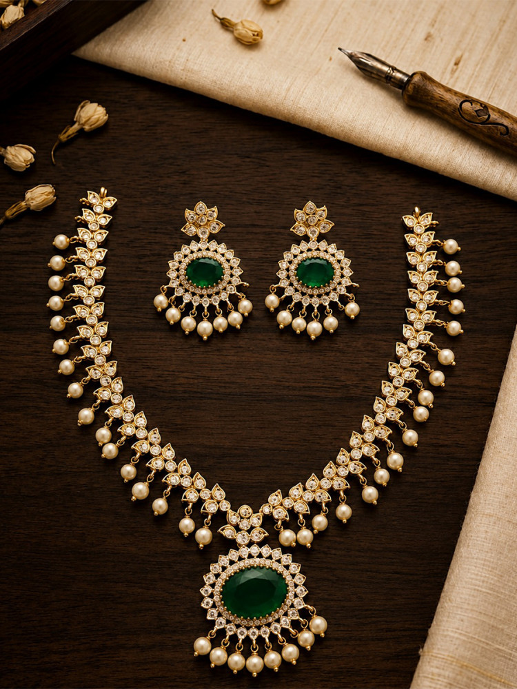 Image of Green A.D. Stone Kundan Stone Pearls Wedding Party Festival Wear Necklace Set With Earrings