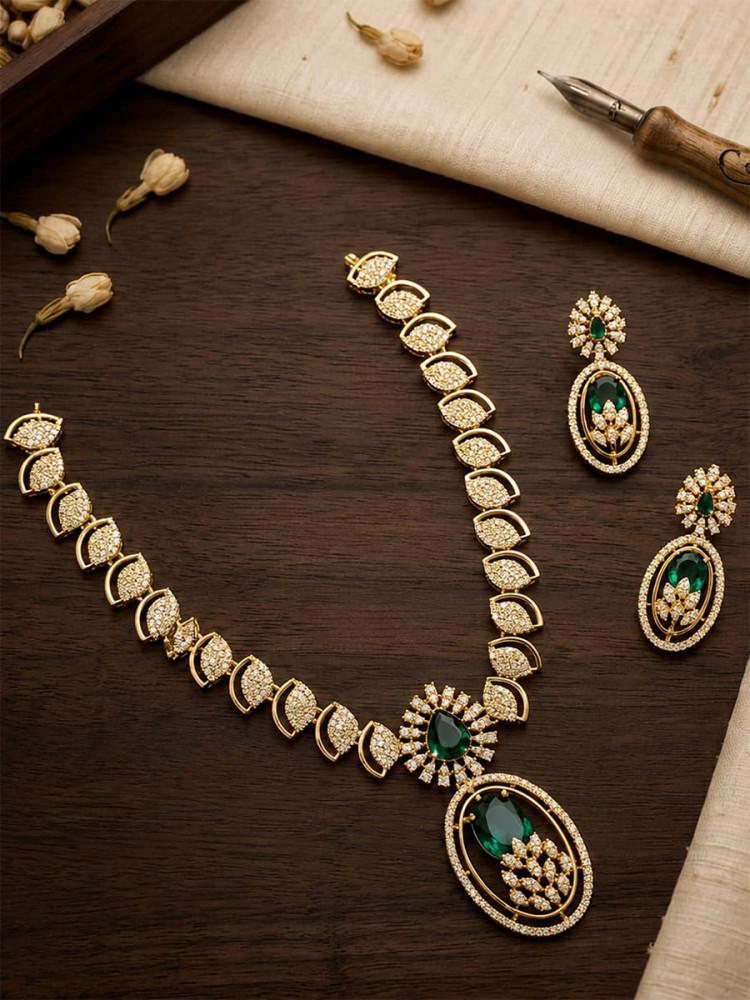 Image of Green A.D. Stone Kundan Stone Pearls Wedding Party Festival Wear Necklace Set With Earrings