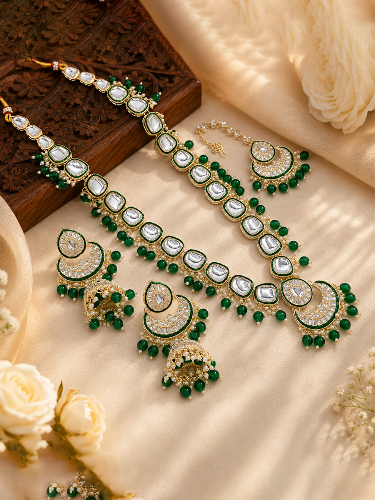 Image of Green Alloy Alloy Festival Party Wedding Meenakari detailing pearl drops With Kundan Necklace