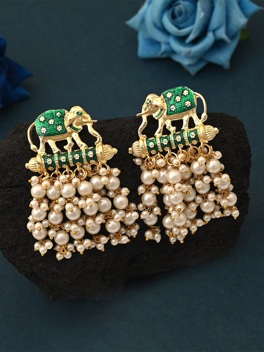 Green Alloy Alloy Meenakari Pearls Traditional Festival Party Wedding 1 Pair Earrings