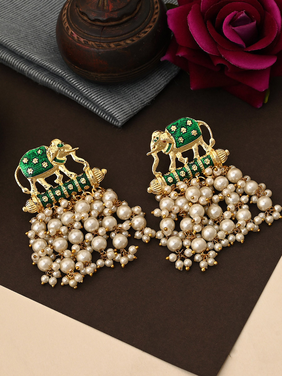 Green Alloy Alloy Meenakari Pearls Traditional Festival Party Wedding 1 Pair Earrings