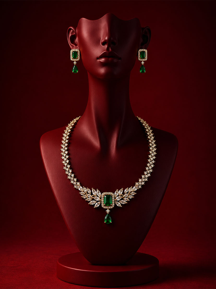 Green Alloy Gemstone Diamond Wedding Party Festival Wear Necklace Set With Earrings