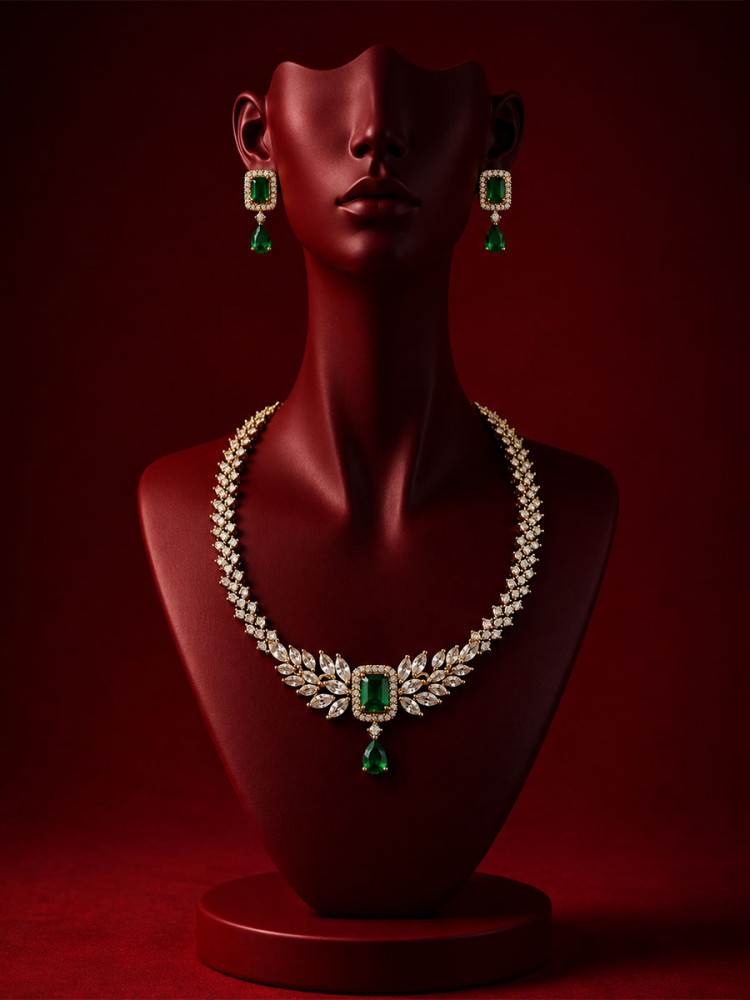 Image of Green Alloy Gemstone Diamond Wedding Party Festival Wear Necklace Set With Earrings