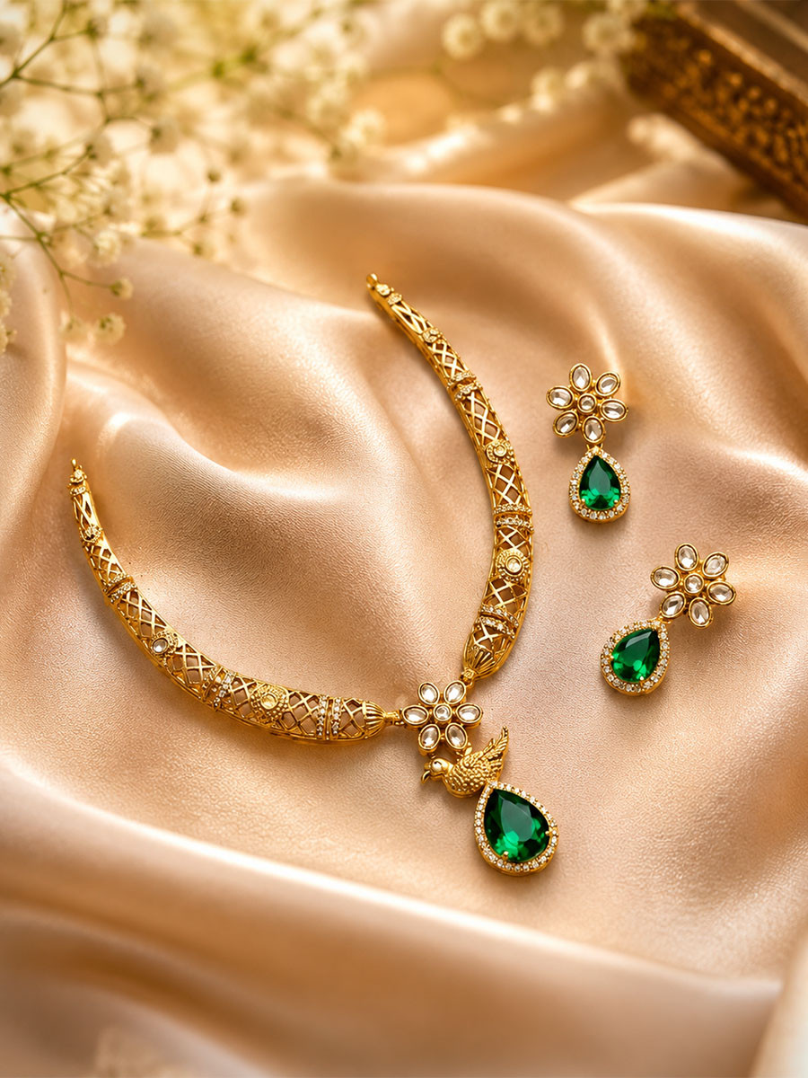 Green Alloy Gemstone Kundan Diamond Wedding Party Festival Wear Necklace Set With Earrings