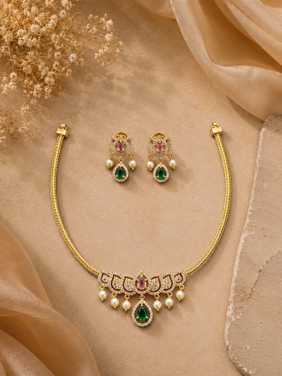 Green Alloy Gemstone Pearls Diamond Wedding Party Festival Wear Necklace Set With Earrings