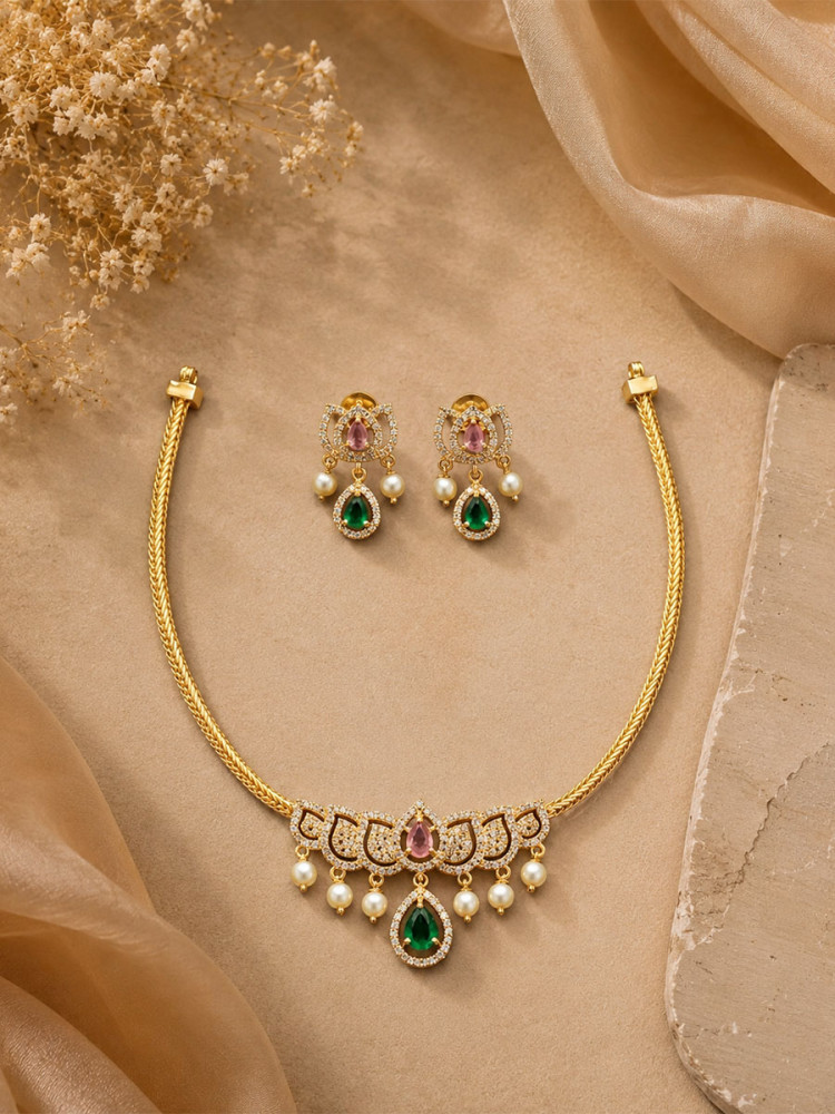 Image of Green Alloy Gemstone Pearls Diamond Wedding Party Festival Wear Necklace Set With Earrings