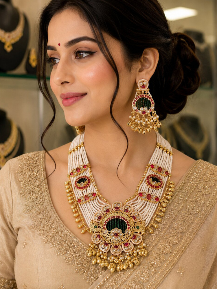 Image of Green Alloy Jadau Pearls Festival Party Wedding Necklace