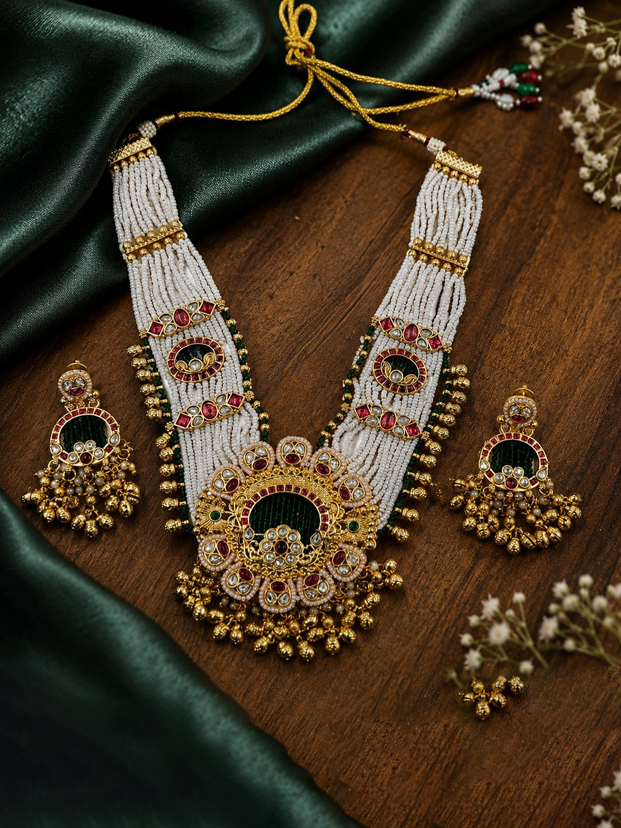 Green Alloy Jadau Pearls Festival Party Wedding Necklace